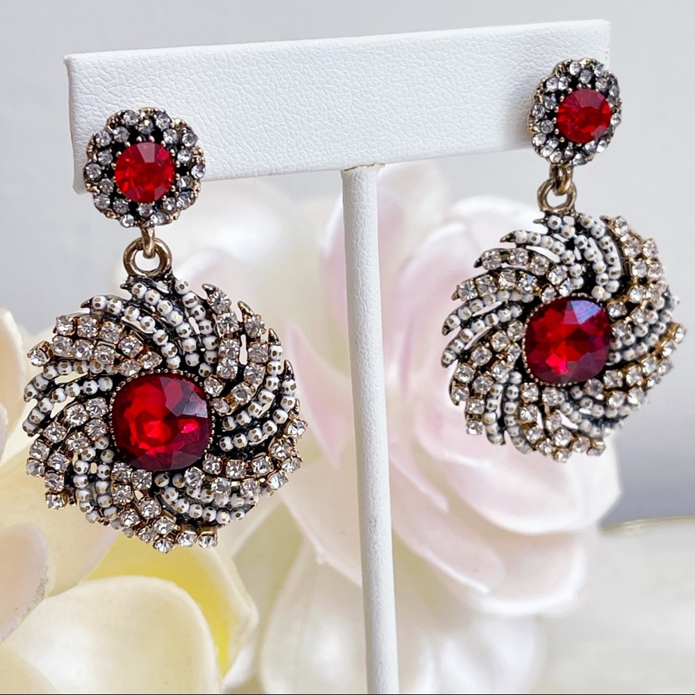 Gold Tone Red Gem CZ Swirl Statement Earrings NEW
